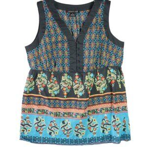 August Silk Size S Button Front Sleeveless Top Floral Print Ethnic Boho Black